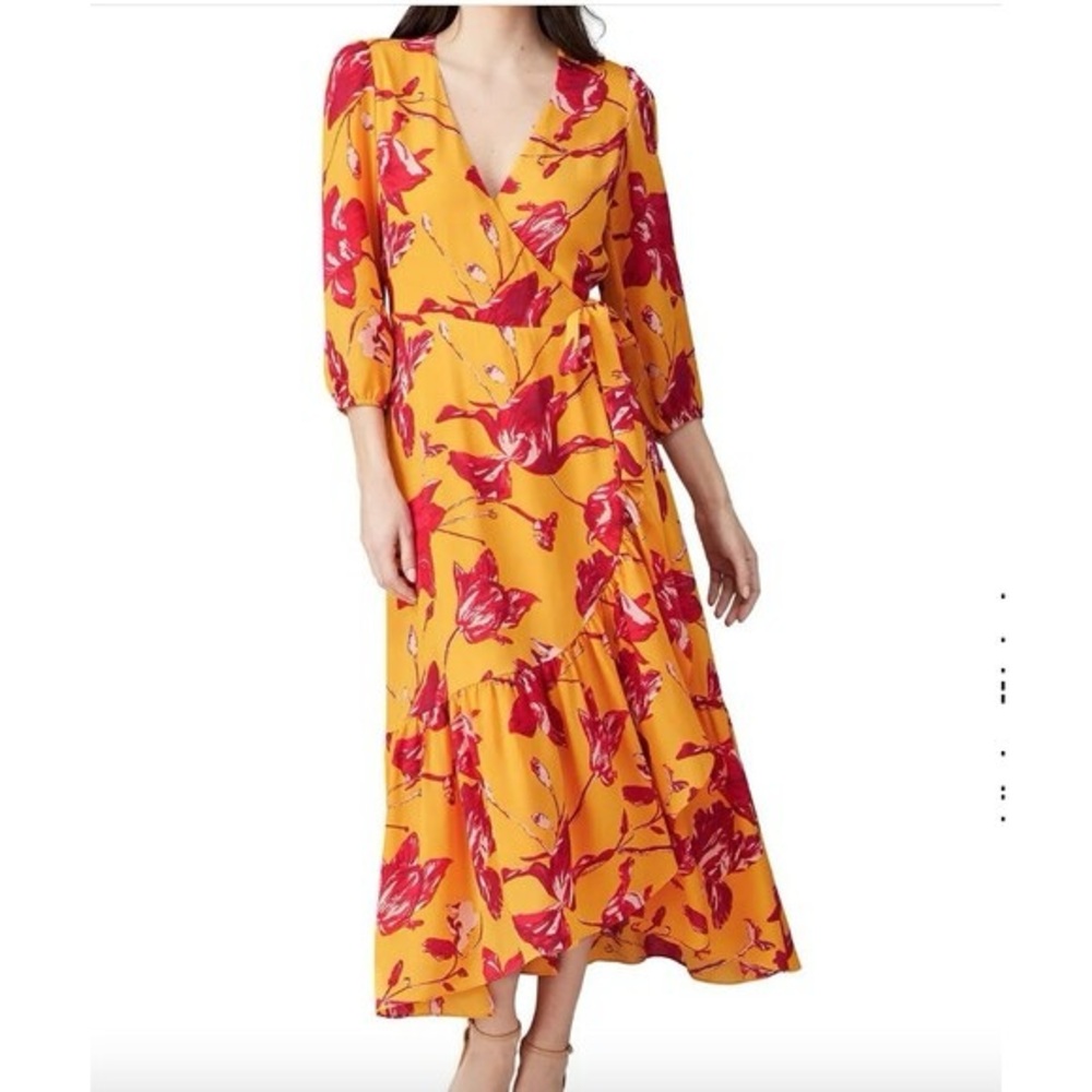 Color Me Courtney Dress Women Extra Small Eleanor Floral Print Yellow Wrap Midi